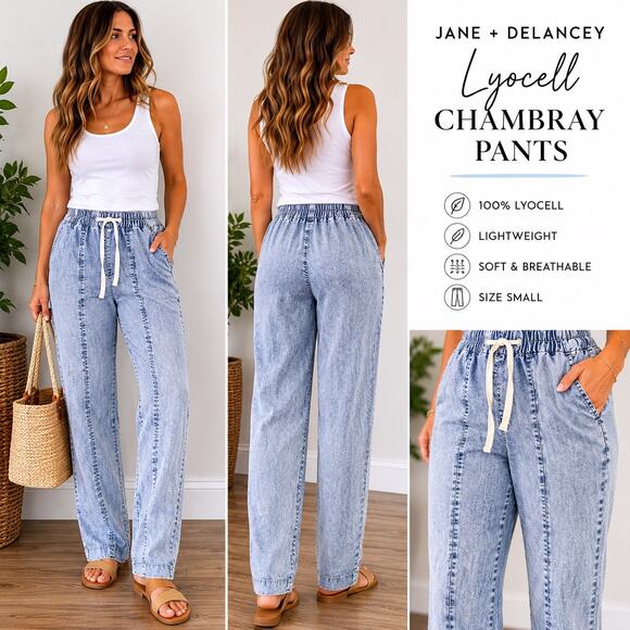 Jane and Delancey Pants - Jane + Delancey Lyocell Chambray Wide Leg Pants Pull On S Coastal Lightweight